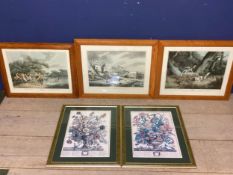 Three decorative coloured prints of hunting scenes in glazed maple frames, 33 x 44 ; and two