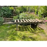 A large vintage hand barrow with wooden slat top with single wheel, and iron supports, 184 x 50 x