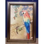 A modern framed picture of a parrot and a mouse eating grapes, 75 x 49cm74