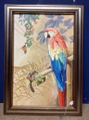 A modern framed picture of a parrot and a mouse eating grapes, 75 x 49cm74
