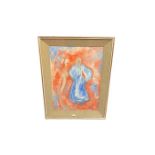 A decorative, Late C20th, oil on canvas, abstract of a lady, in blues, pinks and red wash, and