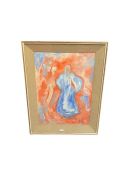 A decorative, Late C20th, oil on canvas, abstract of a lady, in blues, pinks and red wash, and