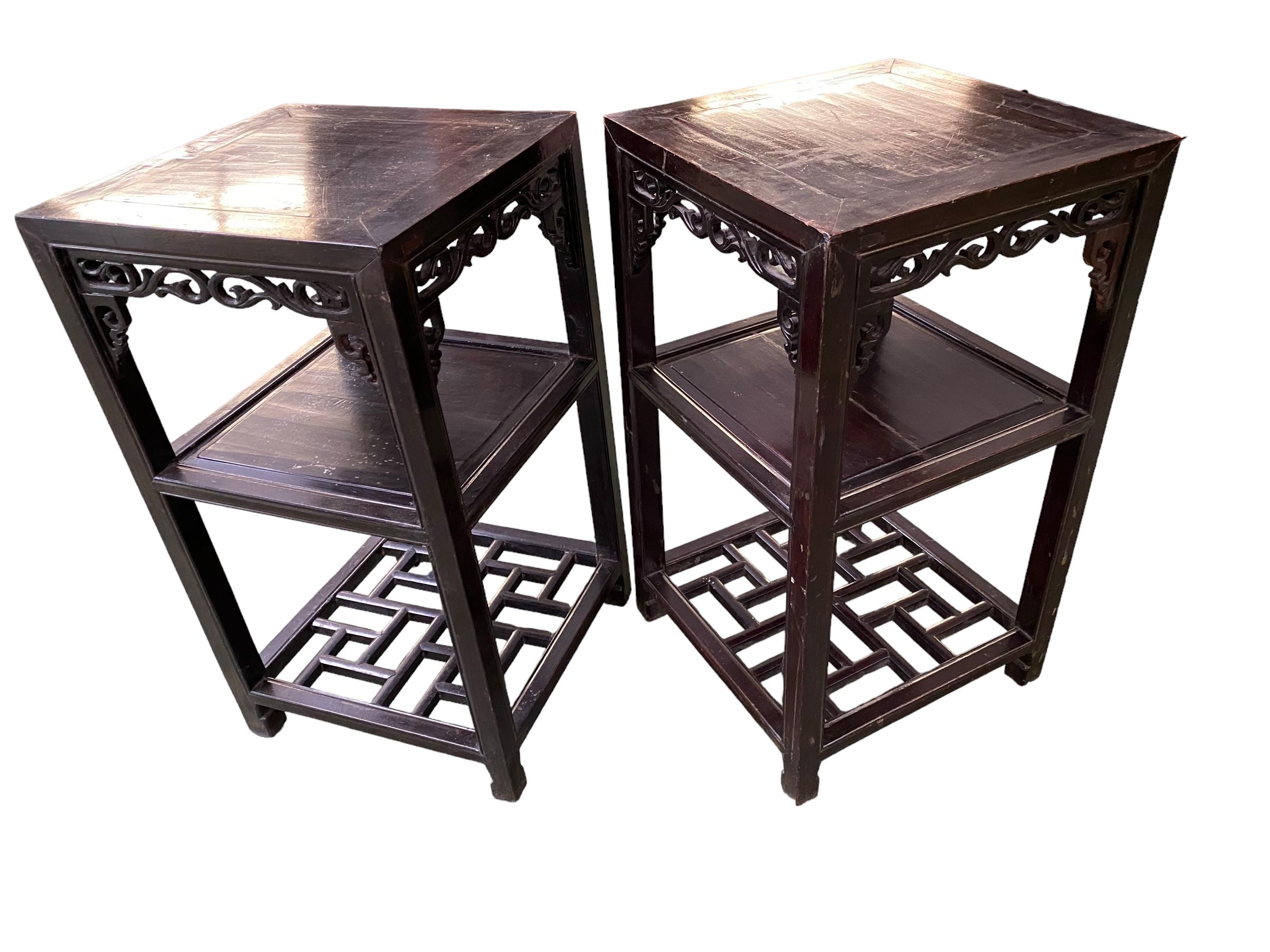 A pair of C19th/C20th Chinese hardwood side tables, carved frieze and fretwork stretcher base, 79 - Image 2 of 4