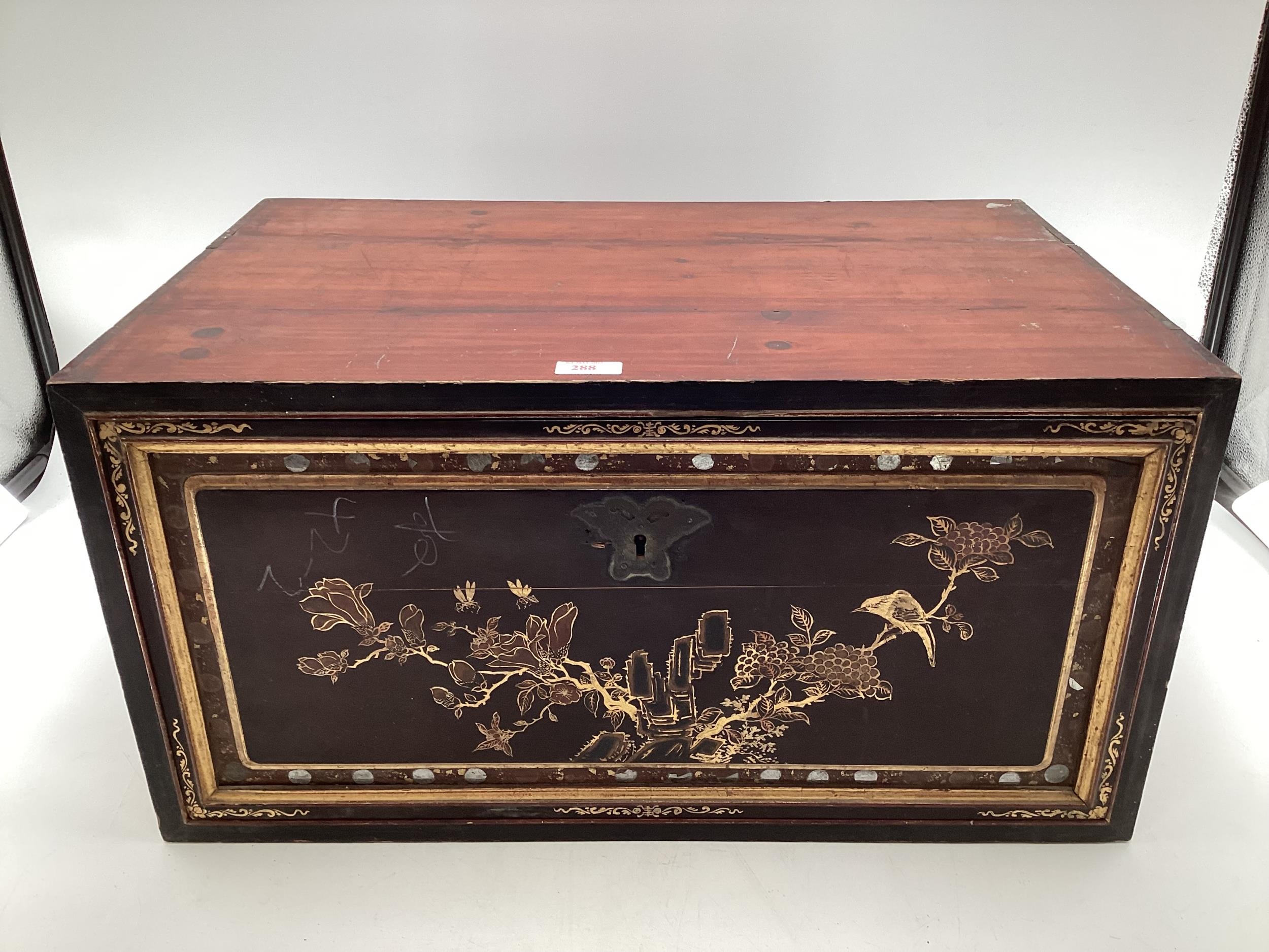 A Chinese C19thstyle desk top scholars chest, single drop out door with gilt and mirror decoration - Image 2 of 11