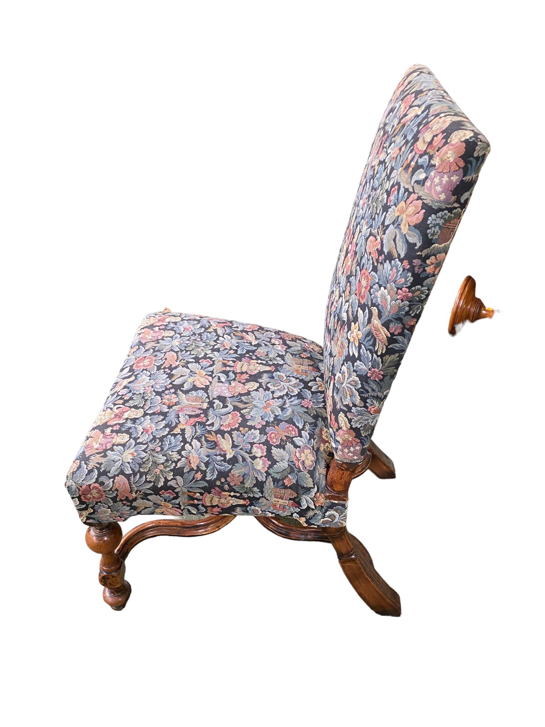 A late C19th/early C20th straight back upholstered chair, turned legs with curved X stretchers, - Image 2 of 2