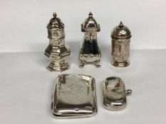 Three Sterling silver pepperettes, together with a silver sovereign case and silver cigarette