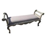 A modern upholstered grey painted window seat bench with serpentine frieze and carved cabriole legs,