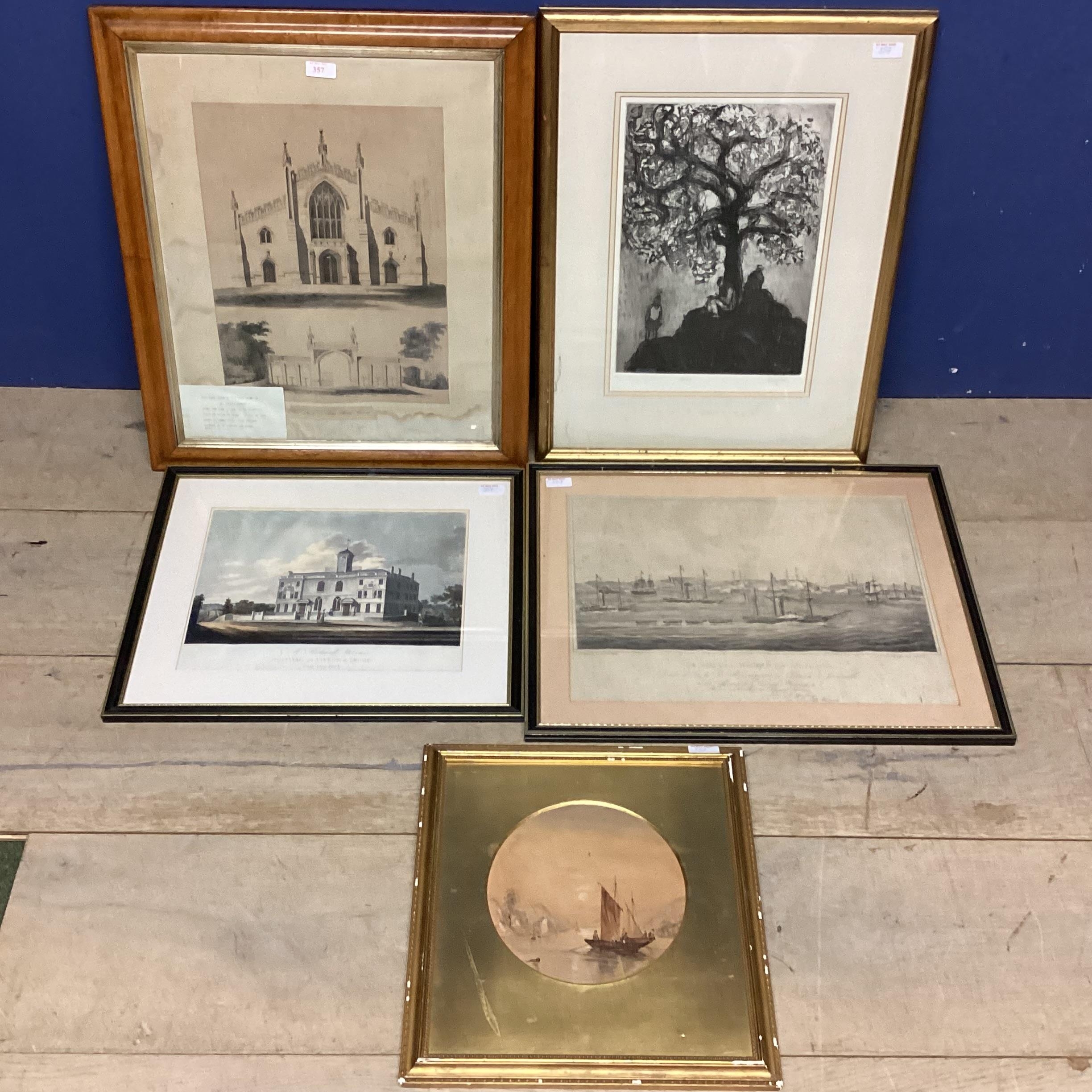 A collection of pictures and prints to include three C19th etching prints, small watercolour in