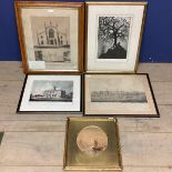 A collection of pictures and prints to include three C19th etching prints, small watercolour in