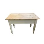 Small pine kitchen table, with chalk painted base, single cutlery drawer, 108cm x 60cmcm x 75cmH