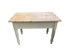 Small pine kitchen table, with chalk painted base, single cutlery drawer, 108cm x 60cmcm x 75cmH
