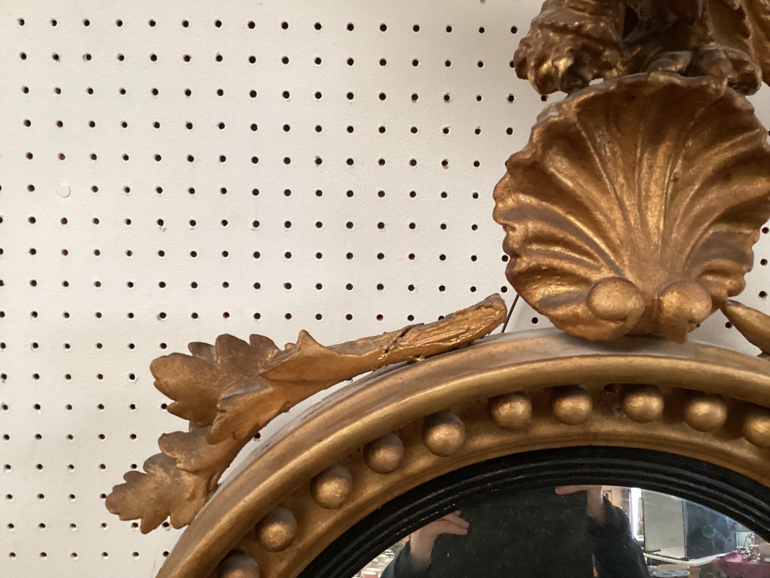 An antique Irish Style, gilt gesso convex circular wall mirror, with ball decoration beneath an - Image 3 of 6