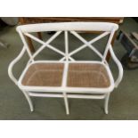 A Bentwood conservatory seat with inset bergere cane seats, 103 x 48 x 89cm and a grey/cream painted