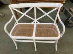 A Bentwood conservatory seat with inset bergere cane seats, 103 x 48 x 89cm and a grey/cream painted