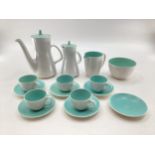 Mid century Poole pottery coffee set to include 5 cups, 5 saucers, cream sugar coffee and hot water