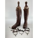 Pair of vintage gents brown leather riding boots, wooden stretchers marked L and R, approximate size