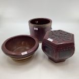 A Chinese C19th style hexagonal hardwood lidded box together with a brass band bucket and a brass