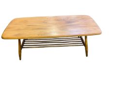 Small Ercol "Windsor" coffee table, with under shelf, and Ercol sticker underside 104cm W x 47cm D x
