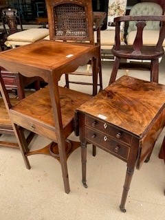A mahogany two tier bedside stand together with a small mahogany drop leaf