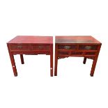 A pair of Chinese red lacquer carved wooden writing desks, two short drawers, carved and pierced