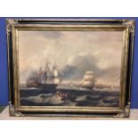 A large C19th style Naval coastal scene oileograph on canvas, in a gilt and ebonised frame, 91cm x