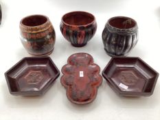 A pair of Chinese hexagonal hardwood dishes together with three lacquered vases of bulbous form, and