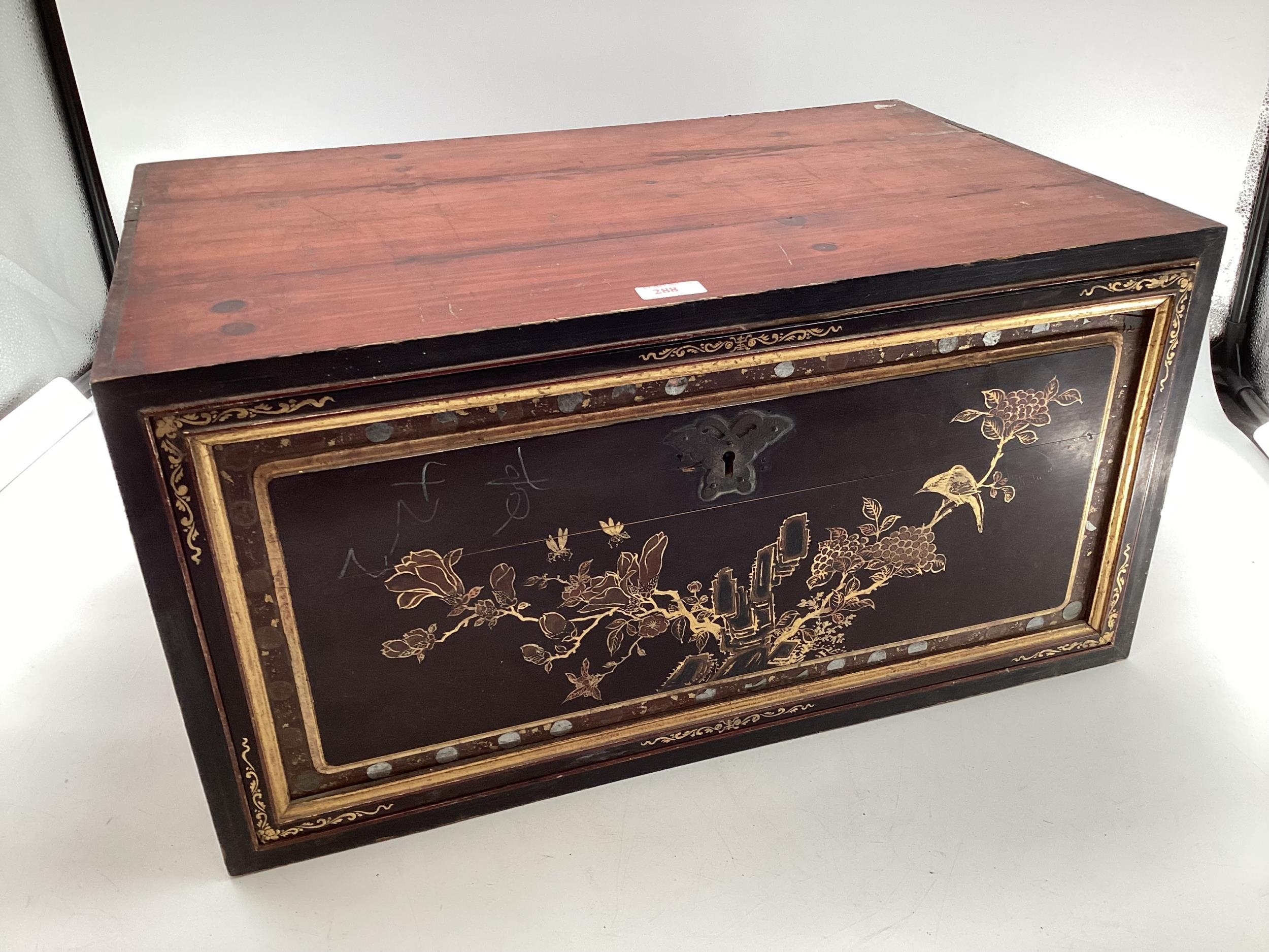 A Chinese C19thstyle desk top scholars chest, single drop out door with gilt and mirror decoration