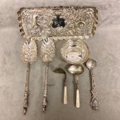 A Collection of Sterling silver and unmarked white metal items to include Repousse Pen tray, Sweet