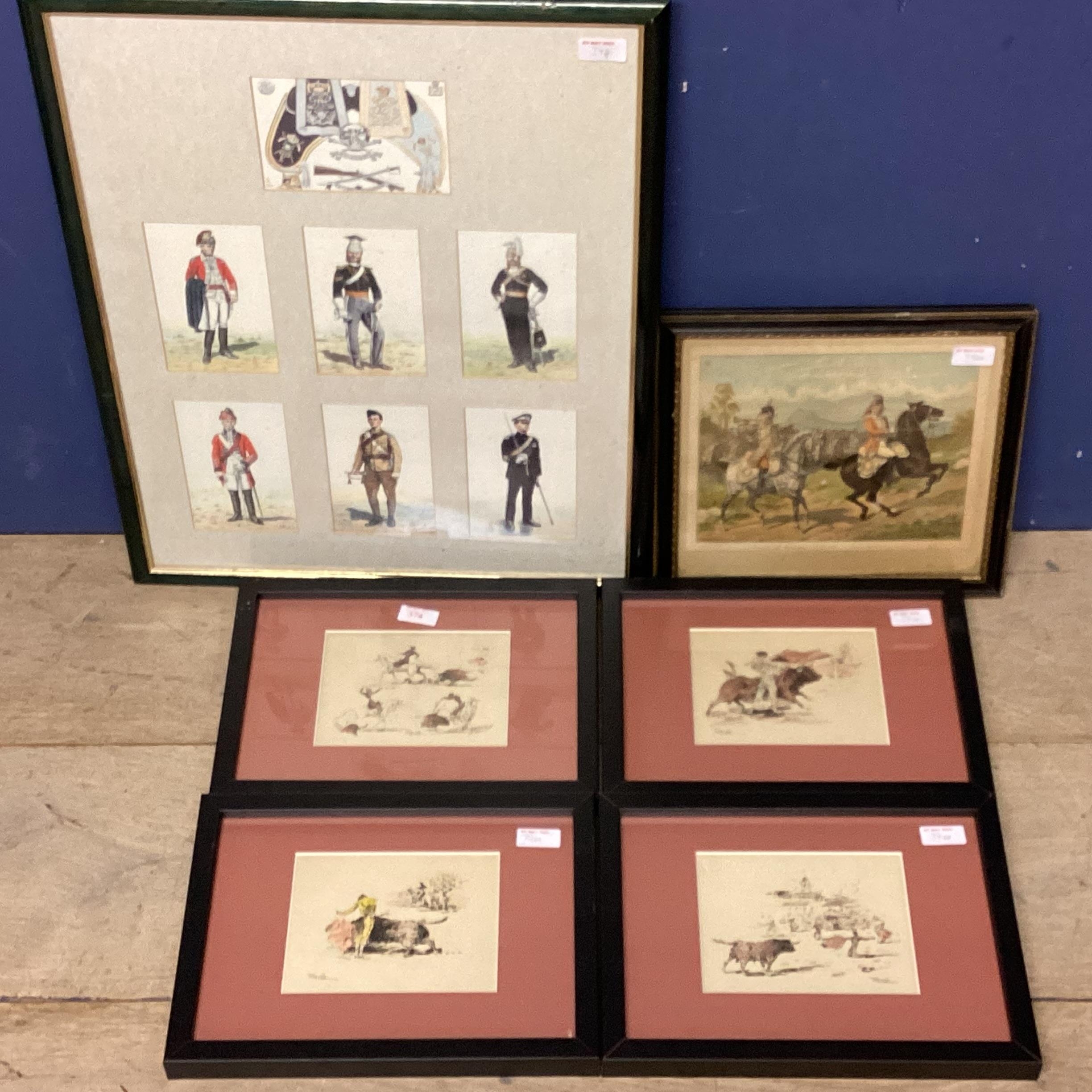 Terruella, Spanish School, C19th/C20th, four etching prints of Bull fighting scenes, and a hand