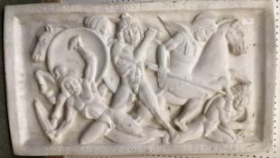 A decorative, composite relief panel, scene depicting chariots and horses, 79 x 45