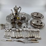 Collection of silver plated items to include oval tray with pierced border, coffee pot, sugar shaker