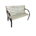 A green slatted garden two seater bench with black coloured arms and legs, lightweight, some wear,