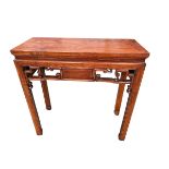 A C19th /C20th Chinese hard wood side table, pierced fretwork frieze on square legs, 89 x 38 x 87cm