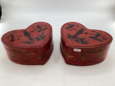 A pair of C19th style Chinese, lacquer and gilt heart shaped boxes with black lacquer interiors,