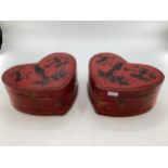 A pair of C19th style Chinese, lacquer and gilt heart shaped boxes with black lacquer interiors,