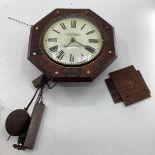 Late C19th/ early C20th hexagonal wall clock with pokerwork design and mother of pearl inset