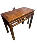 A C19th Style Chinese hard wood alter or side table, geometric pierced frieze on square legs (some