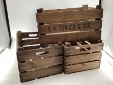 Three vintage wooden crates stamped G F Townsend and Son