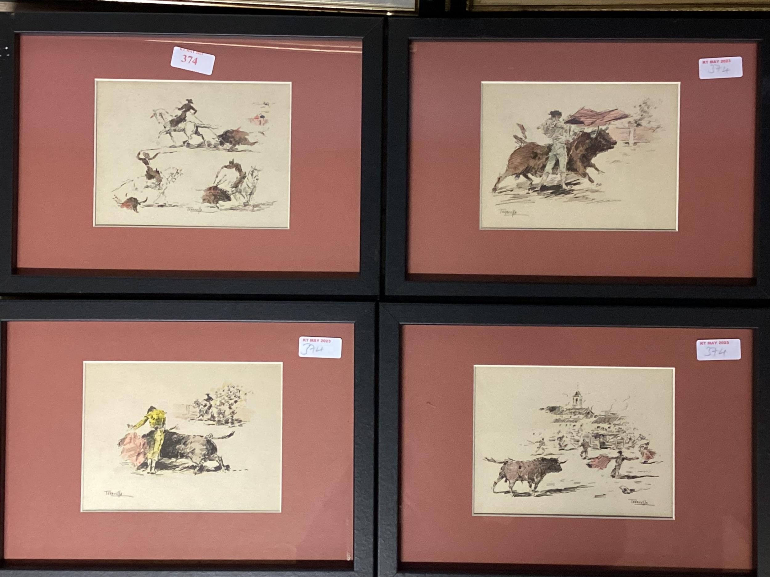 Terruella, Spanish School, C19th/C20th, four etching prints of Bull fighting scenes, and a hand - Image 2 of 5