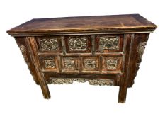 A C19th style Chinese hardwood Alter cabinet, three single drawers, carved decoration and frieze and