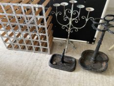 General items to include wine rack, metal stick stand and boot scrape, candle stand etc, all as