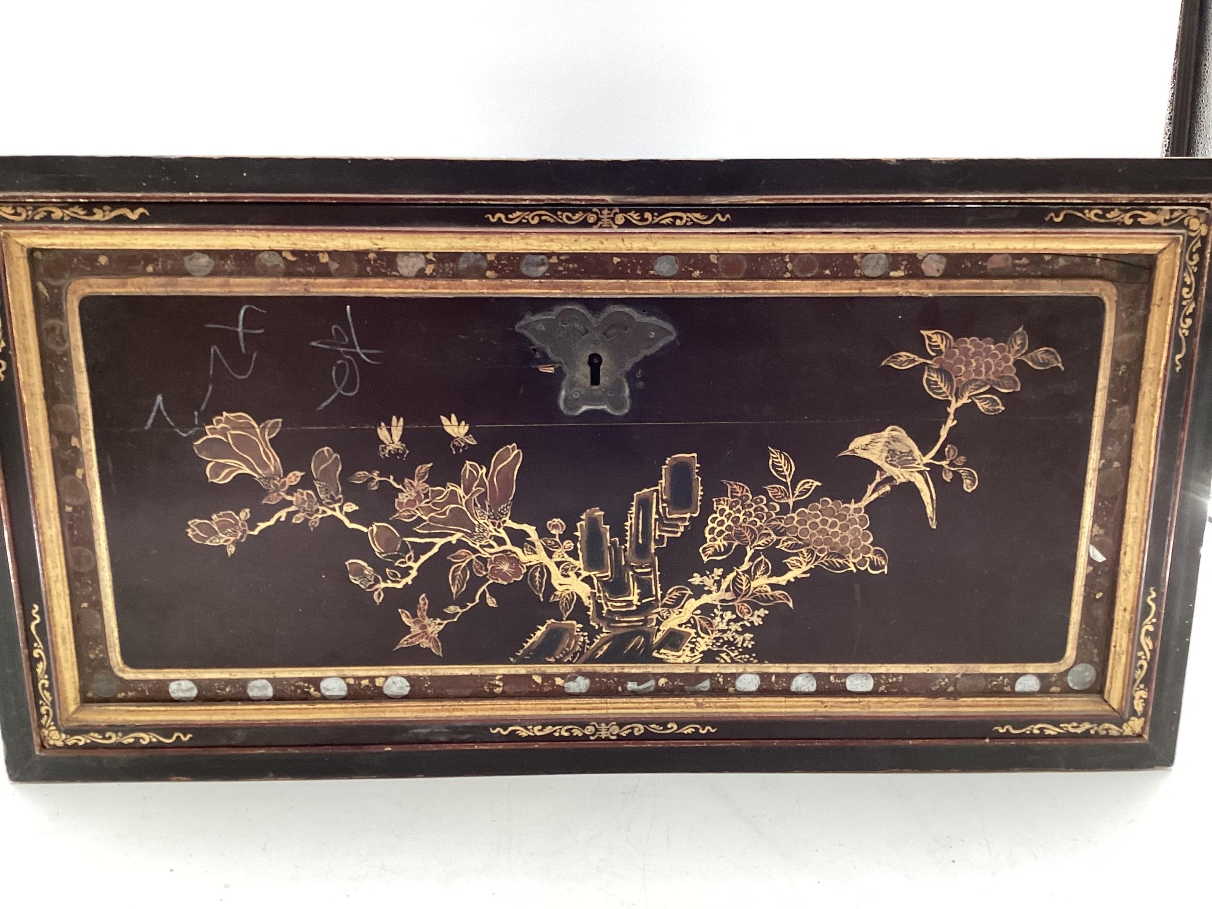 A Chinese C19thstyle desk top scholars chest, single drop out door with gilt and mirror decoration - Image 3 of 11