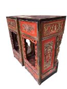 A pair of C19th Style carved red lacquer and gilt side tables, with single drawer, 100 x 46 x 48cm