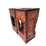 A pair of C19th Style carved red lacquer and gilt side tables, with single drawer, 100 x 46 x 48cm