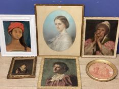 A quantity of pictures to include a pastel portrait in oval mount, and other portrait pictures