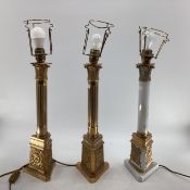 Pair of gilt metal C19th century style column lamps with rectangular bases together with 1 similar