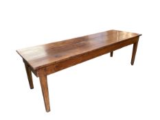 A good narrow French chestnut/fruitwood plank top, single drawer kitchen table on square