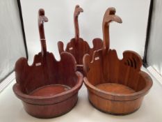 A set of 3 Chinese water buckets of slatted elm construction with stylised crane neck handles