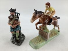 Beswick model of a horse and rider jumping, and A Royal Doulton Piper