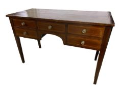 Edwardian mahogany three drawer desk/dressing table, with tapered legs, 111cm W; and another similar